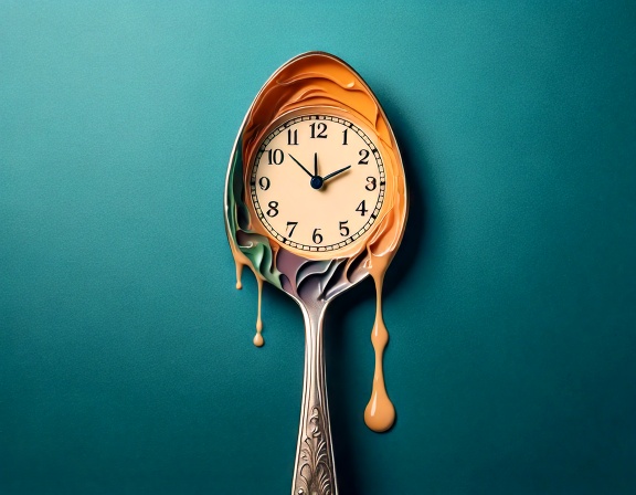 An image of a wooden spoon with clock dripping from head